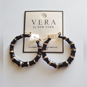 Black Enamel and Gold Bamboo Style Hoop Earrings